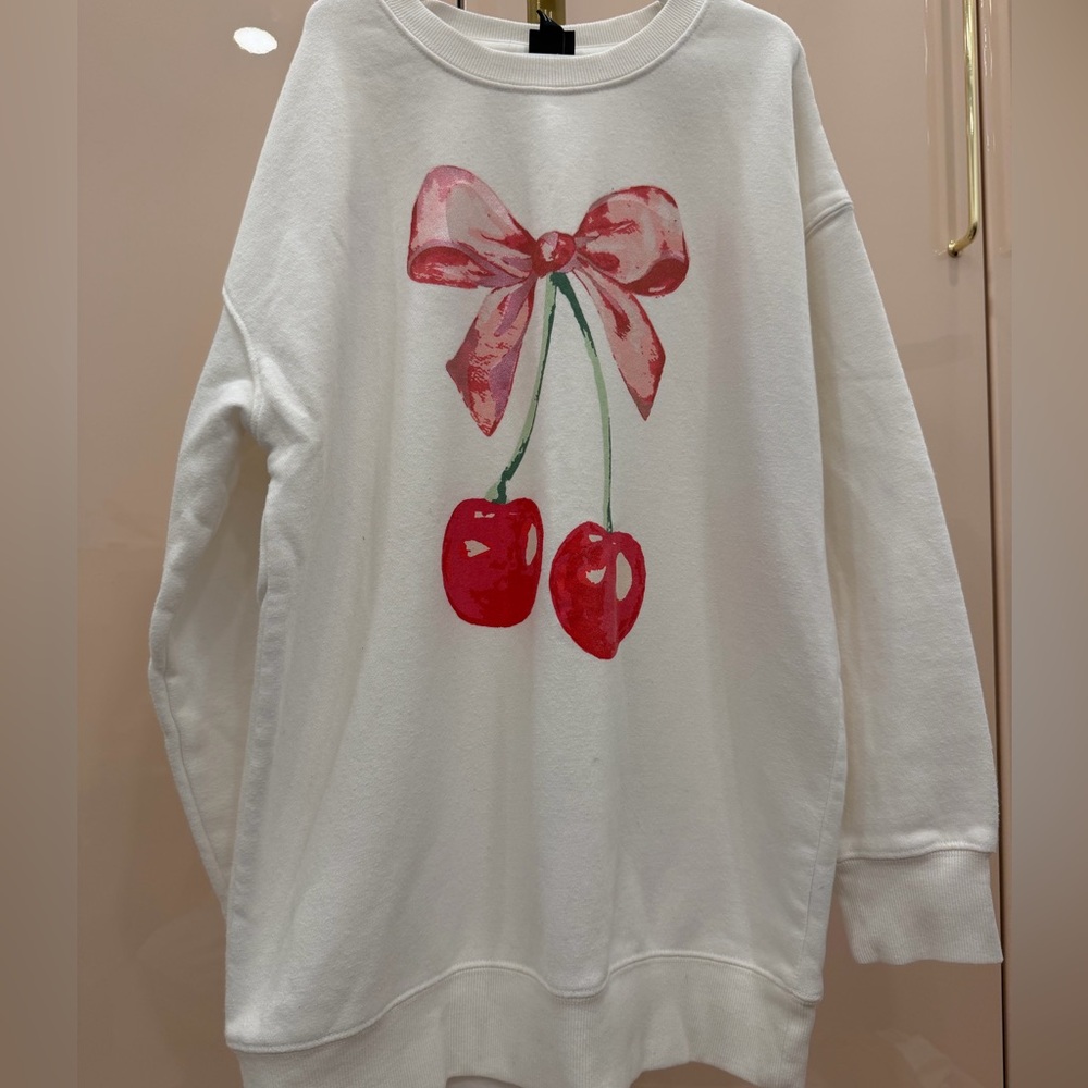 art class White Sweatshirt with Red Cherry and Bow Graphic
